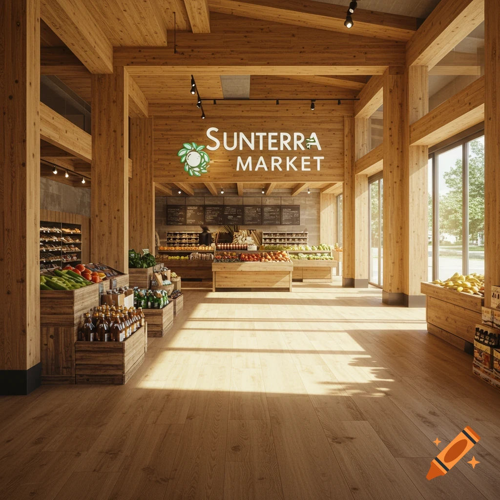 Interior view of a bright, modern market with wooden beams and displays of fresh produce under a sign reading Sunterra Market.