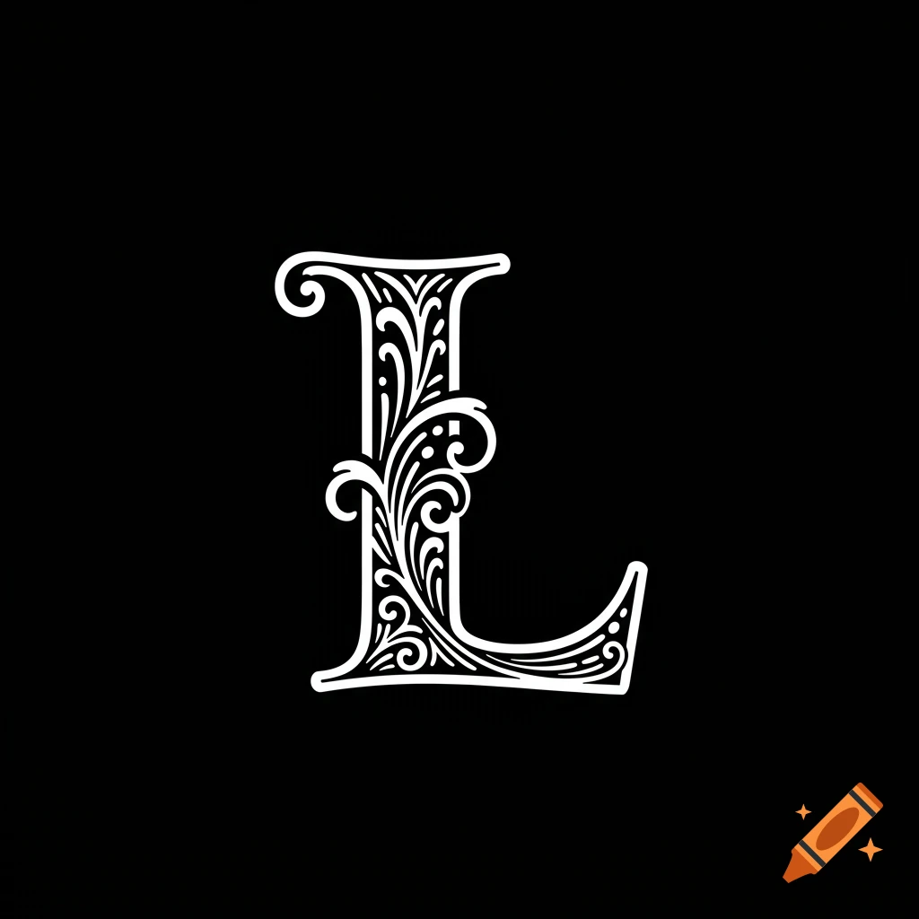 Decorative white capital letter L on a black background.