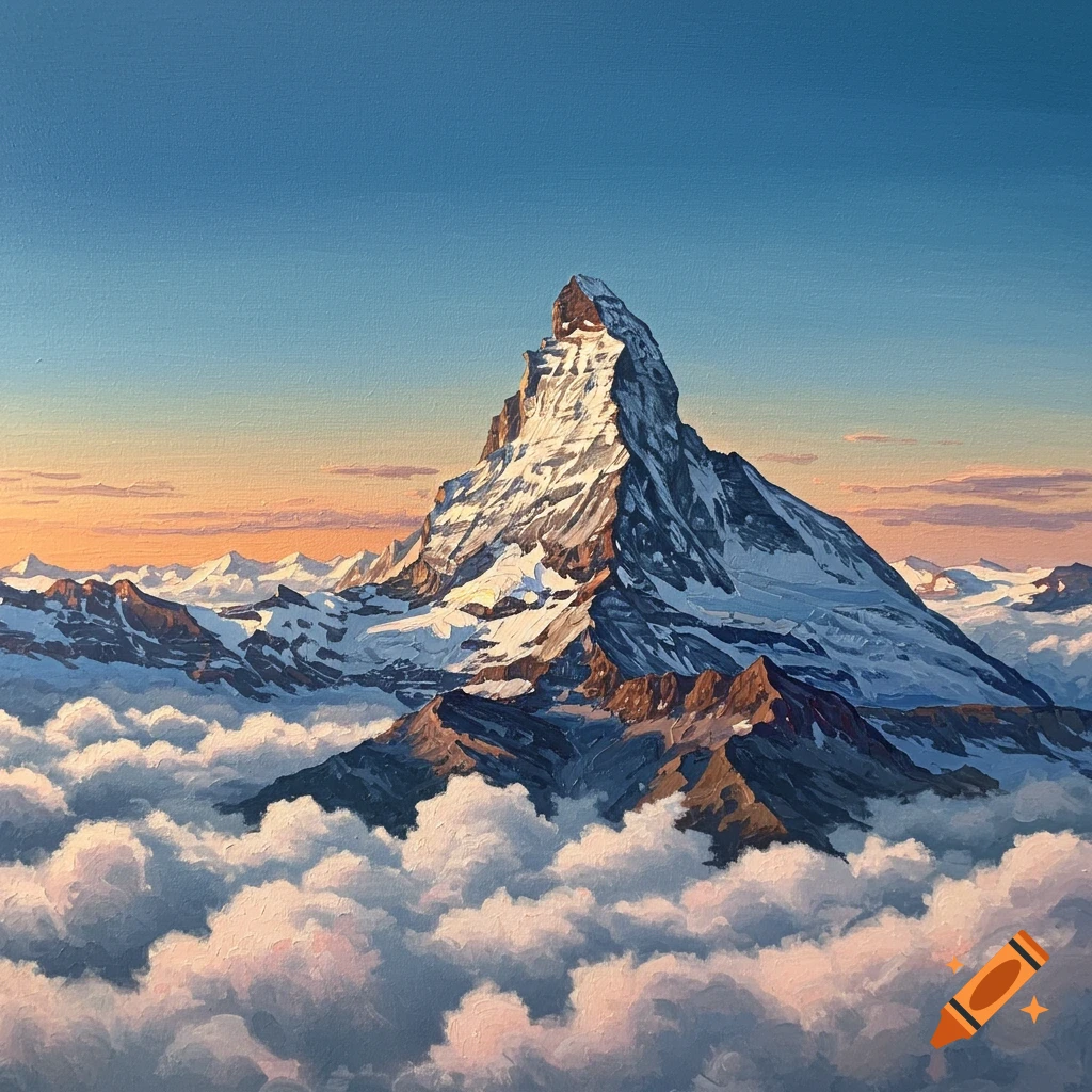 Painting of a snowy mountain peak rising above clouds at sunset or sunrise.