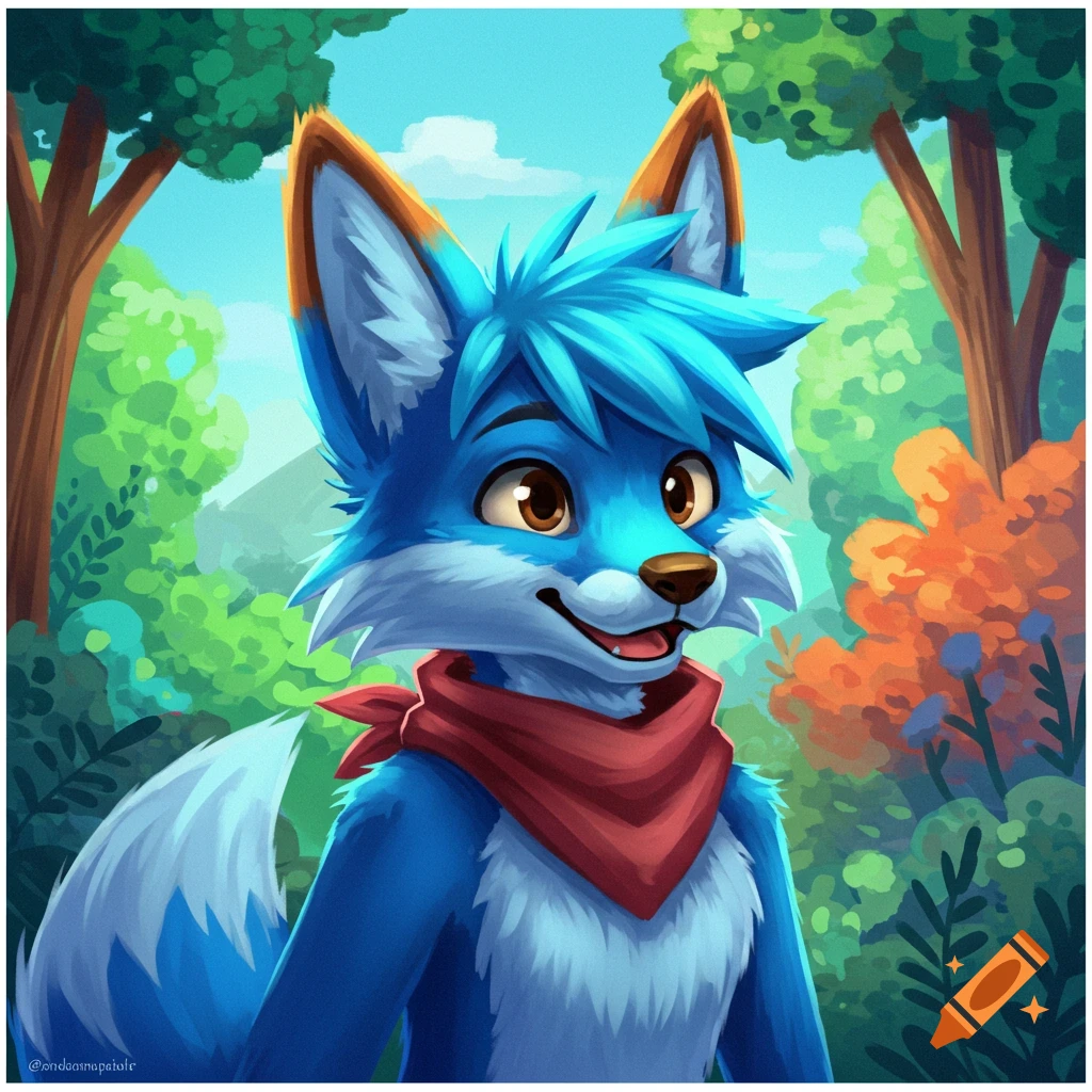 A blue furry fox character with a red bandana in a forest.