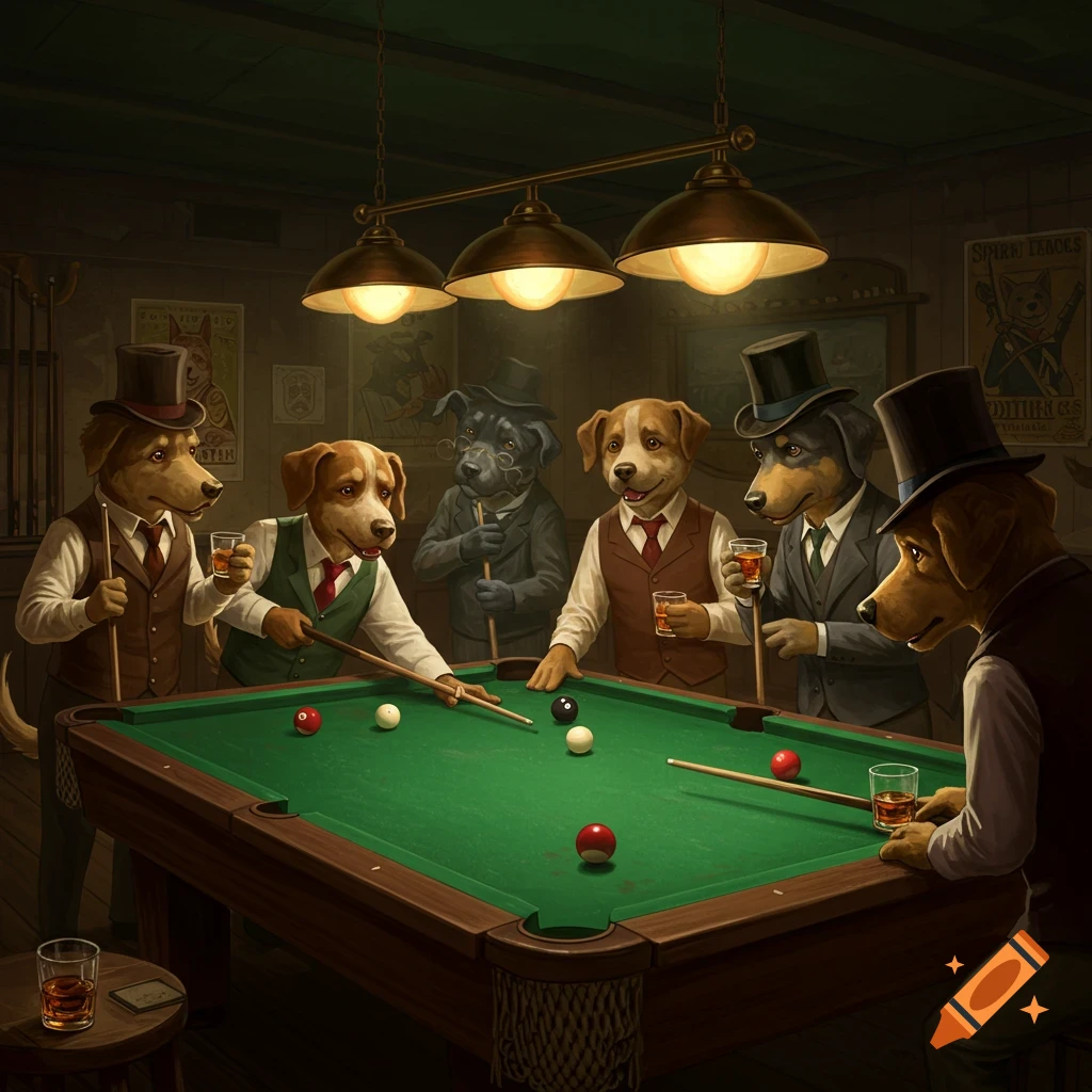 Anthropomorphic dogs in suits play pool in a dimly lit hall.