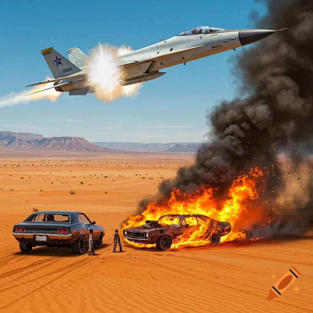 A jet fires above a burning car and another car in a desert landscape with mountains.