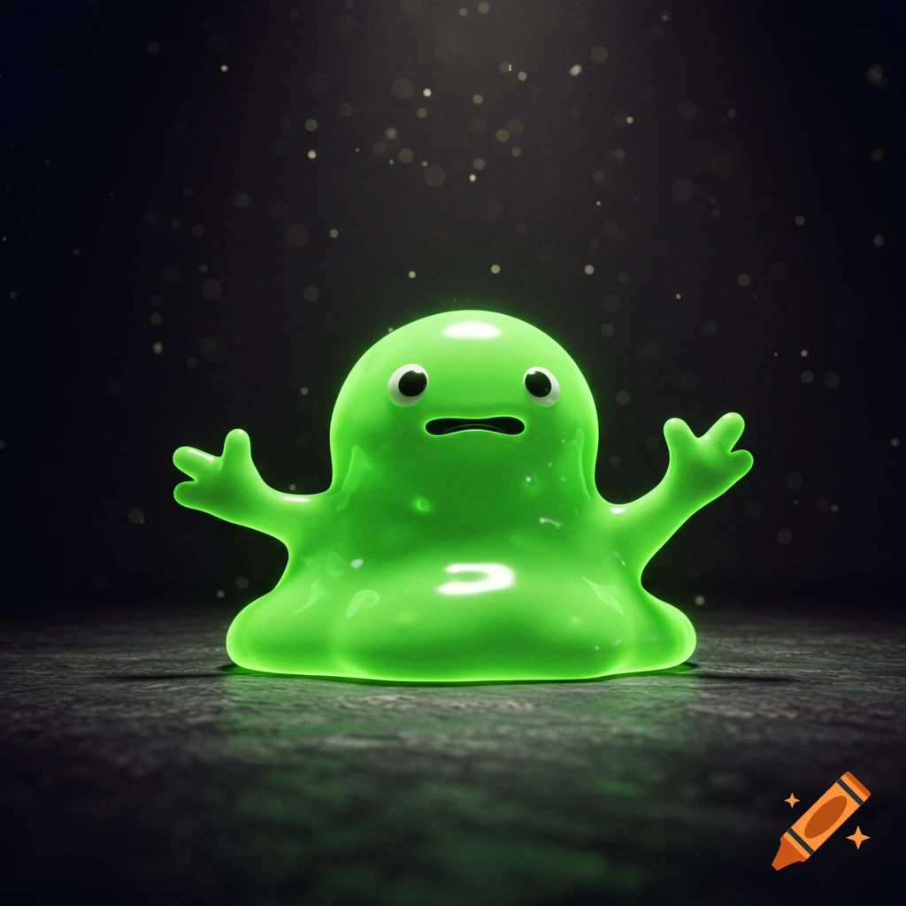 A glowing bright green slime character with stubby arms stands on a dark surface.