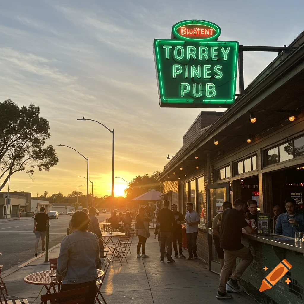 A photorealistic image of a bar with a green neon sign that reads "TORREY PINES PUB" during sunset, with people seated outside.