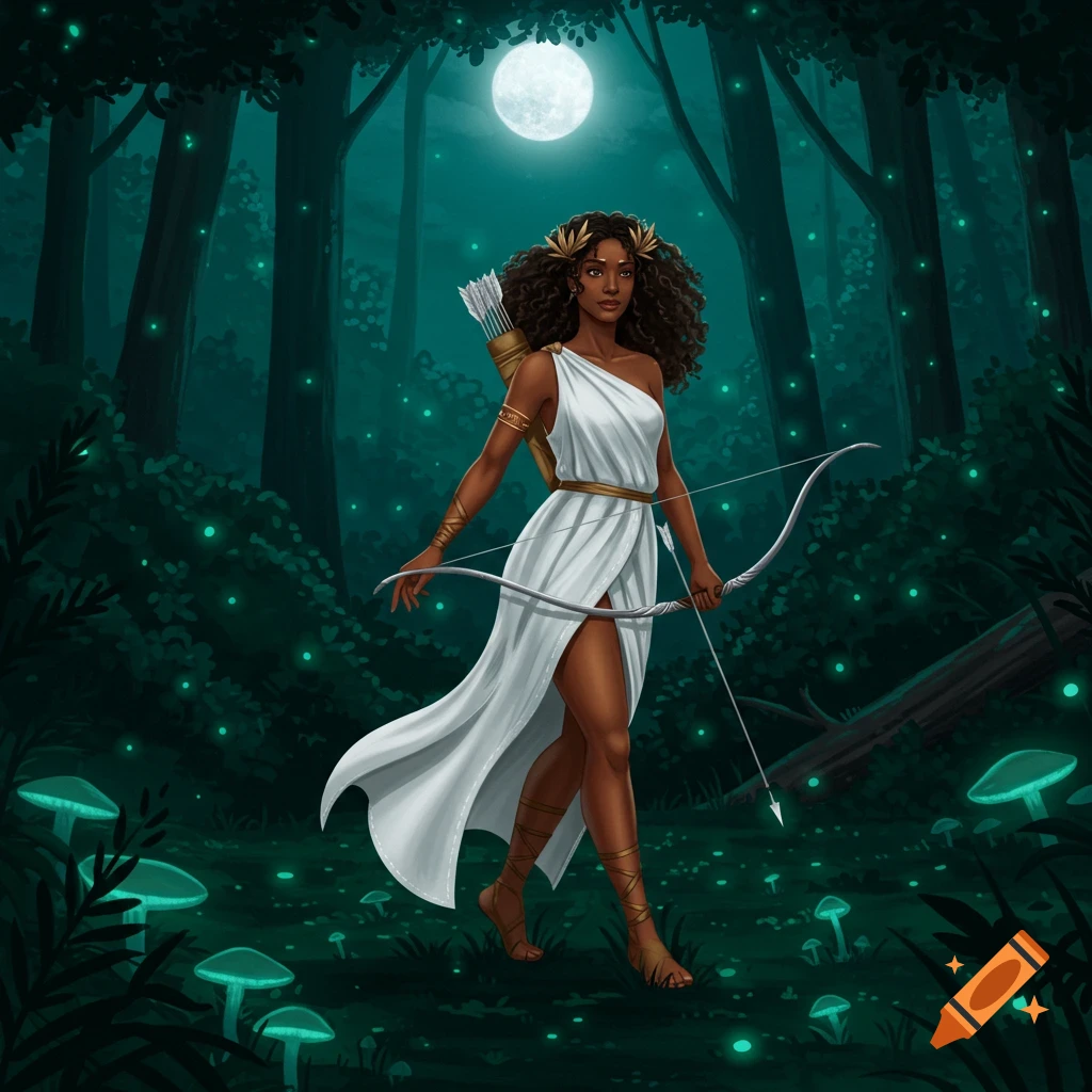 A brown-skinned goddess with a bow hunts in a glowing night forest under a full moon.