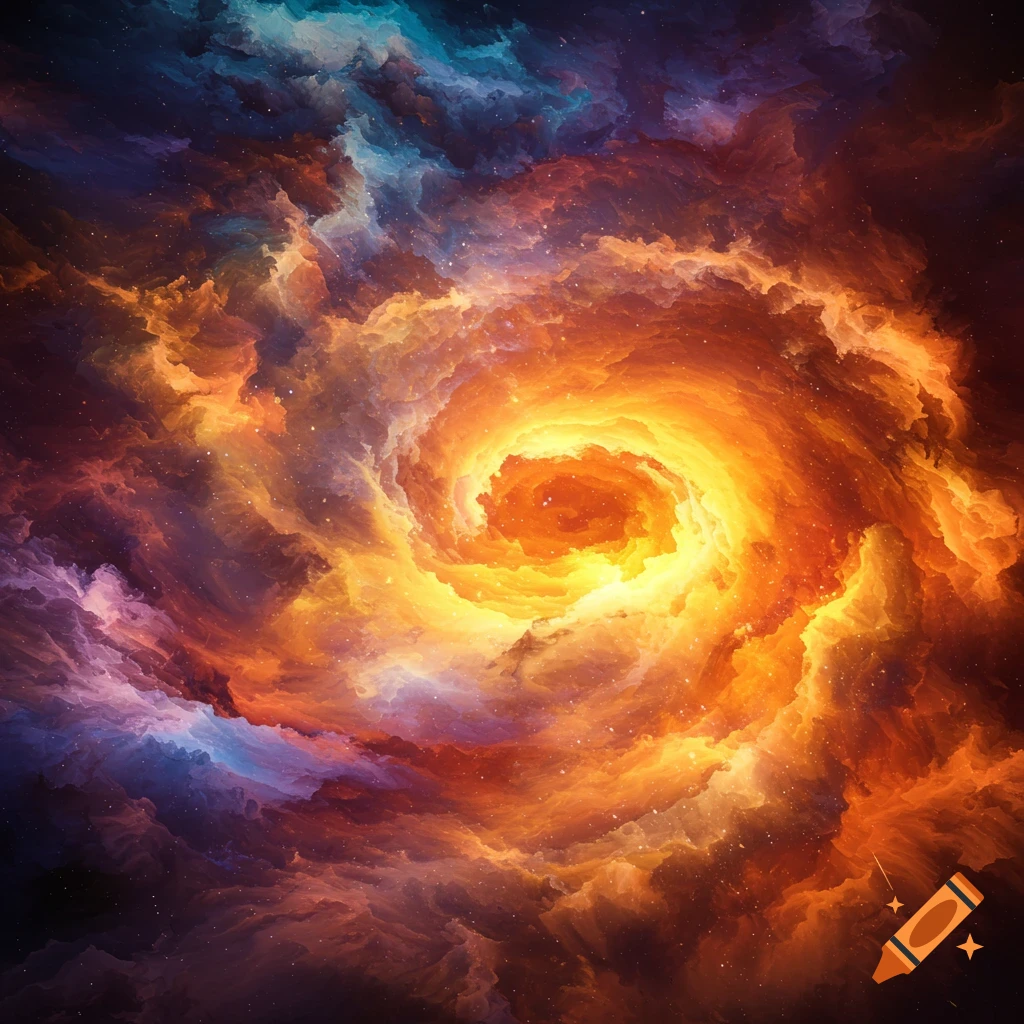 Abstract swirling nebula with orange, yellow, purple, and blue colors and stars