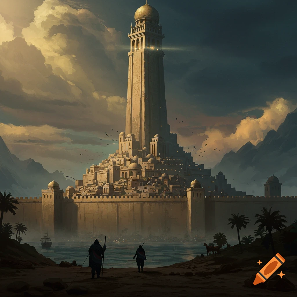 A walled kingdom with a tall central tower overlooks water, with figures in the foreground.