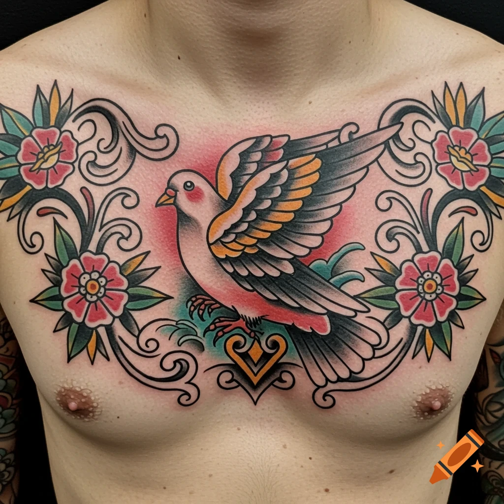 Traditional chest tattoo featuring a dove, flowers, and scrolls.