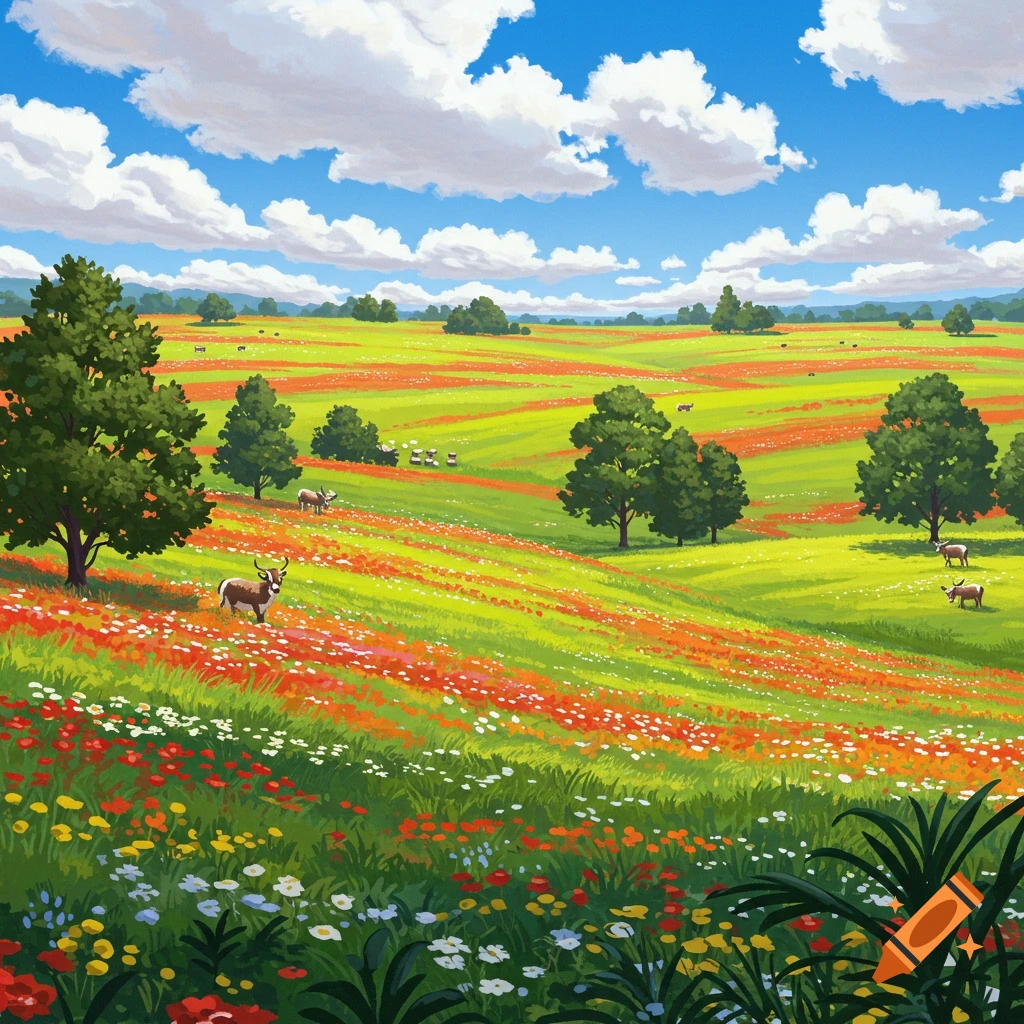 Rolling fields of flowers and grass with scattered trees and deer under a cloudy blue sky.