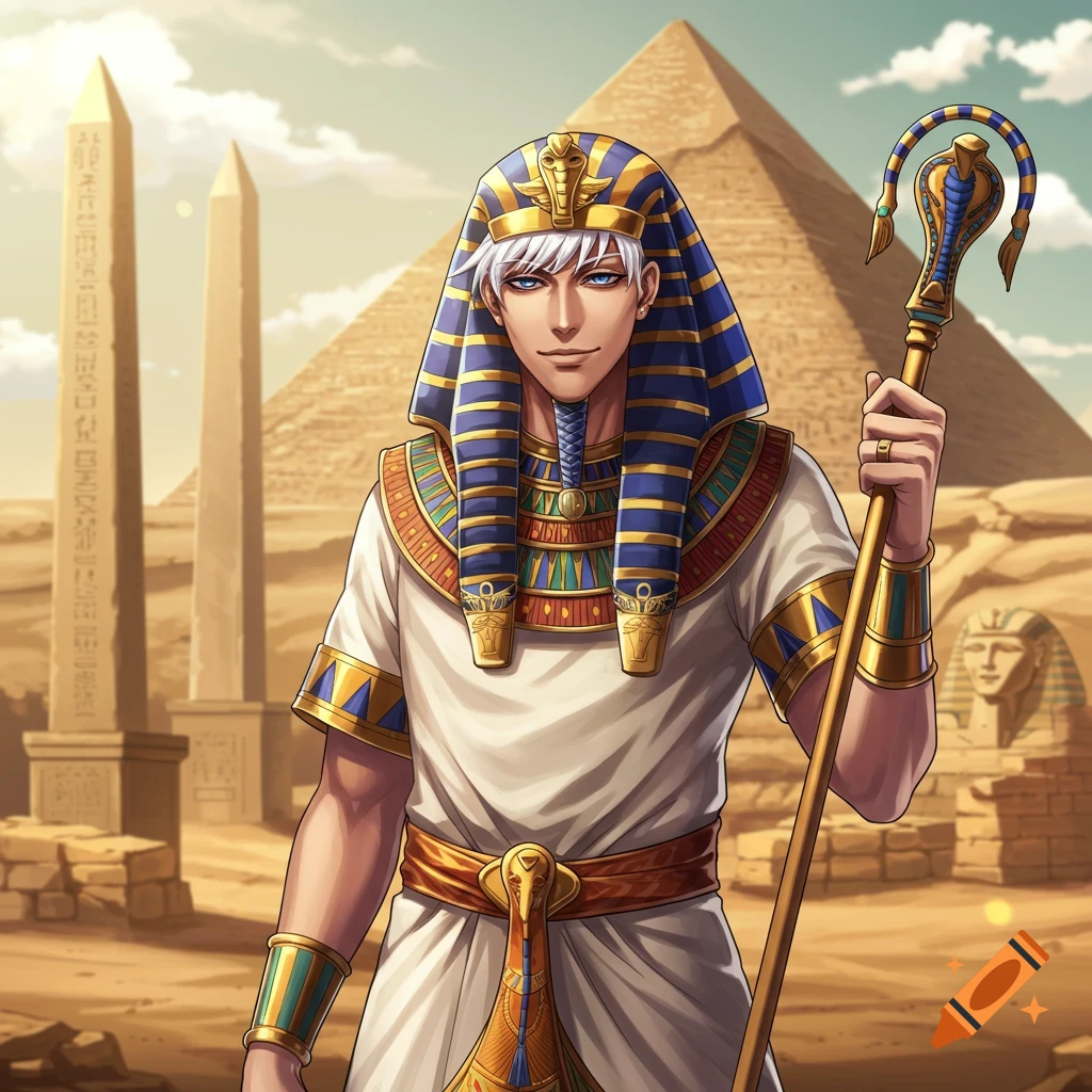 A man in Egyptian pharaoh attire is holding a staff, standing before pyramids and obelisks.
