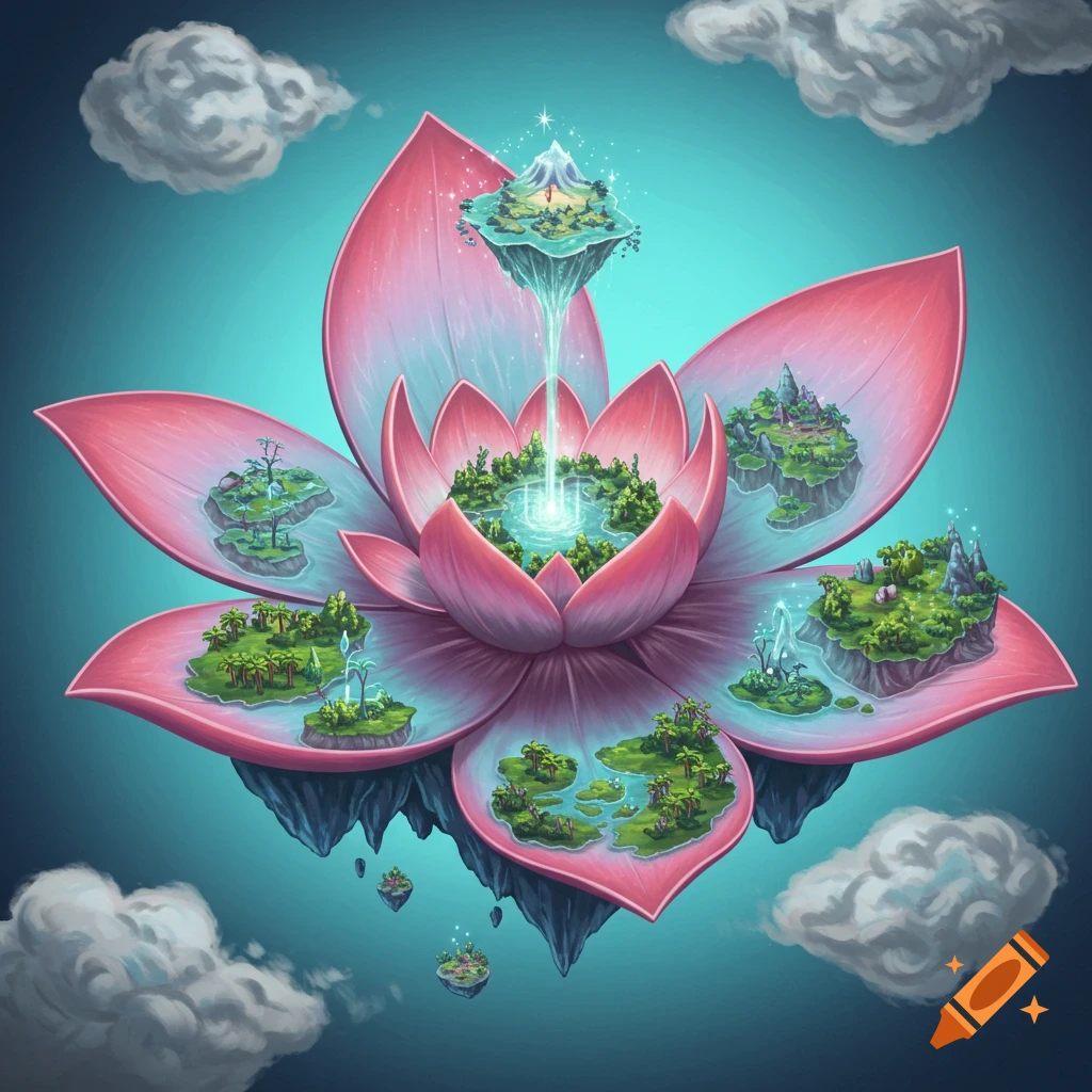 A large pink lotus flower holding miniature floating island landscapes in the sky.