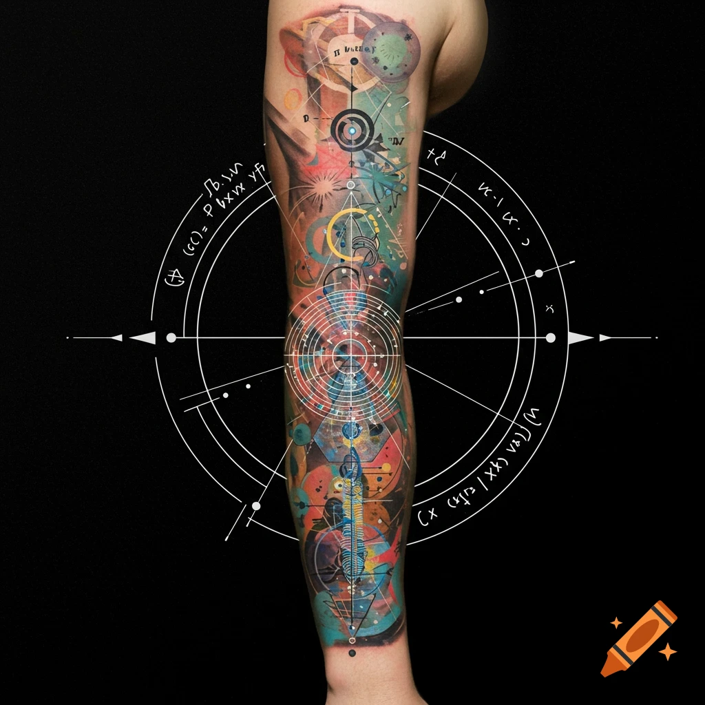 Colorful abstract tattoo with geometric patterns and science symbols on arm