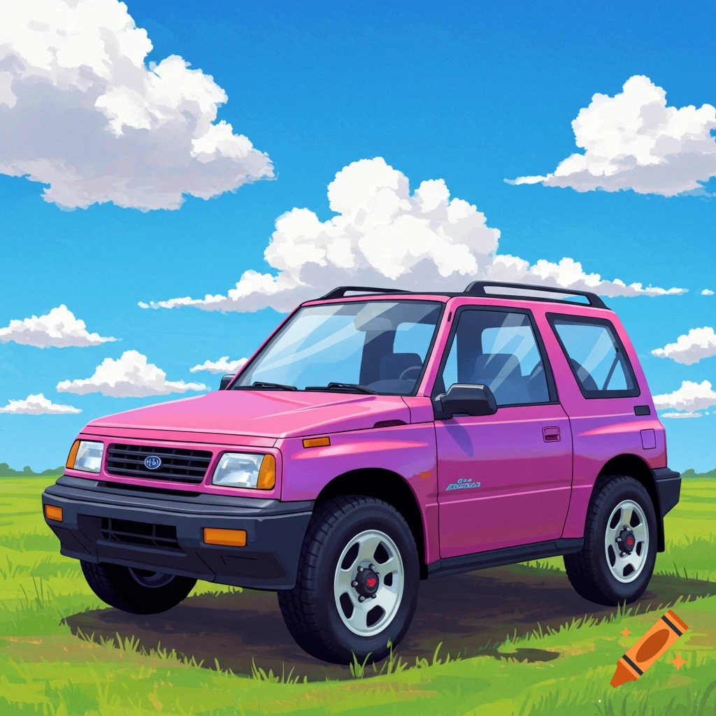 A pink SUV is parked in a grassy field under a cloudy sky.