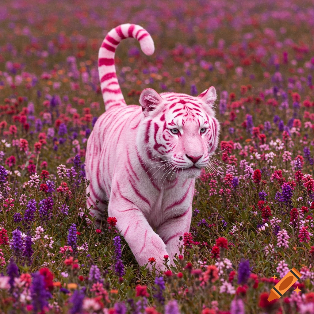 Pink tiger with hearts in a flower field on Craiyon