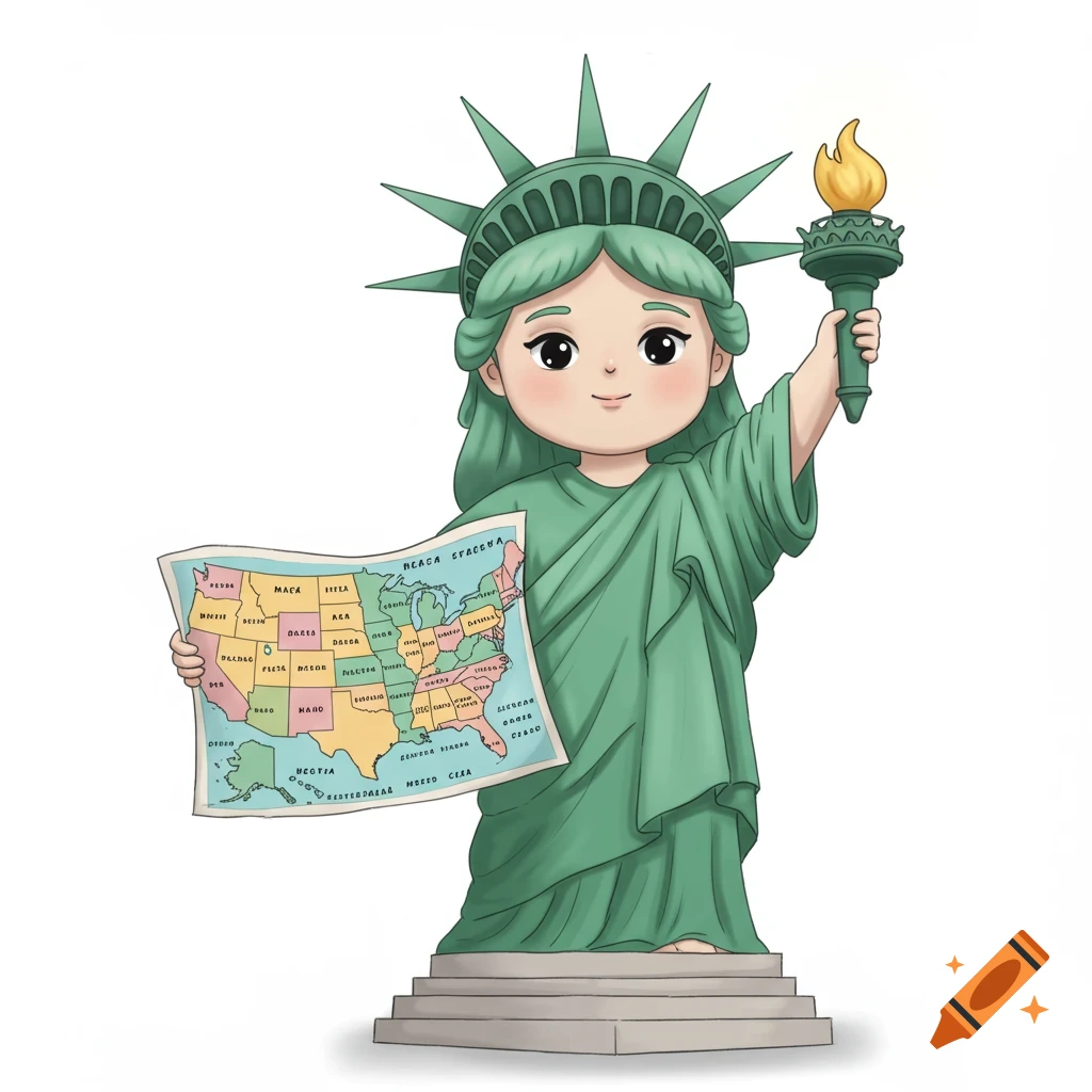 Cute cartoon Statue of Liberty holding a colorful map of the United States.