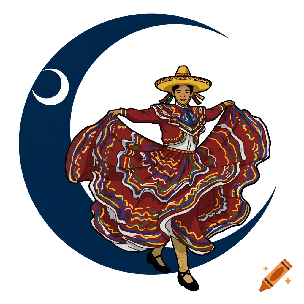 A dancer in traditional Mexican dress holds out her skirt in front of a dark blue crescent moon.