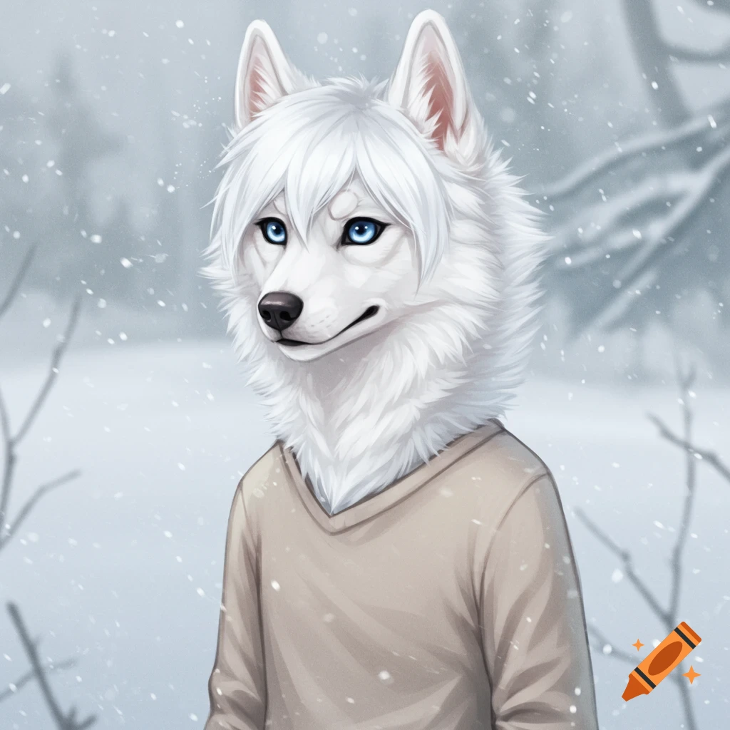 A white husky character with blue eyes wearing a brown sweater, standing in the snow.
