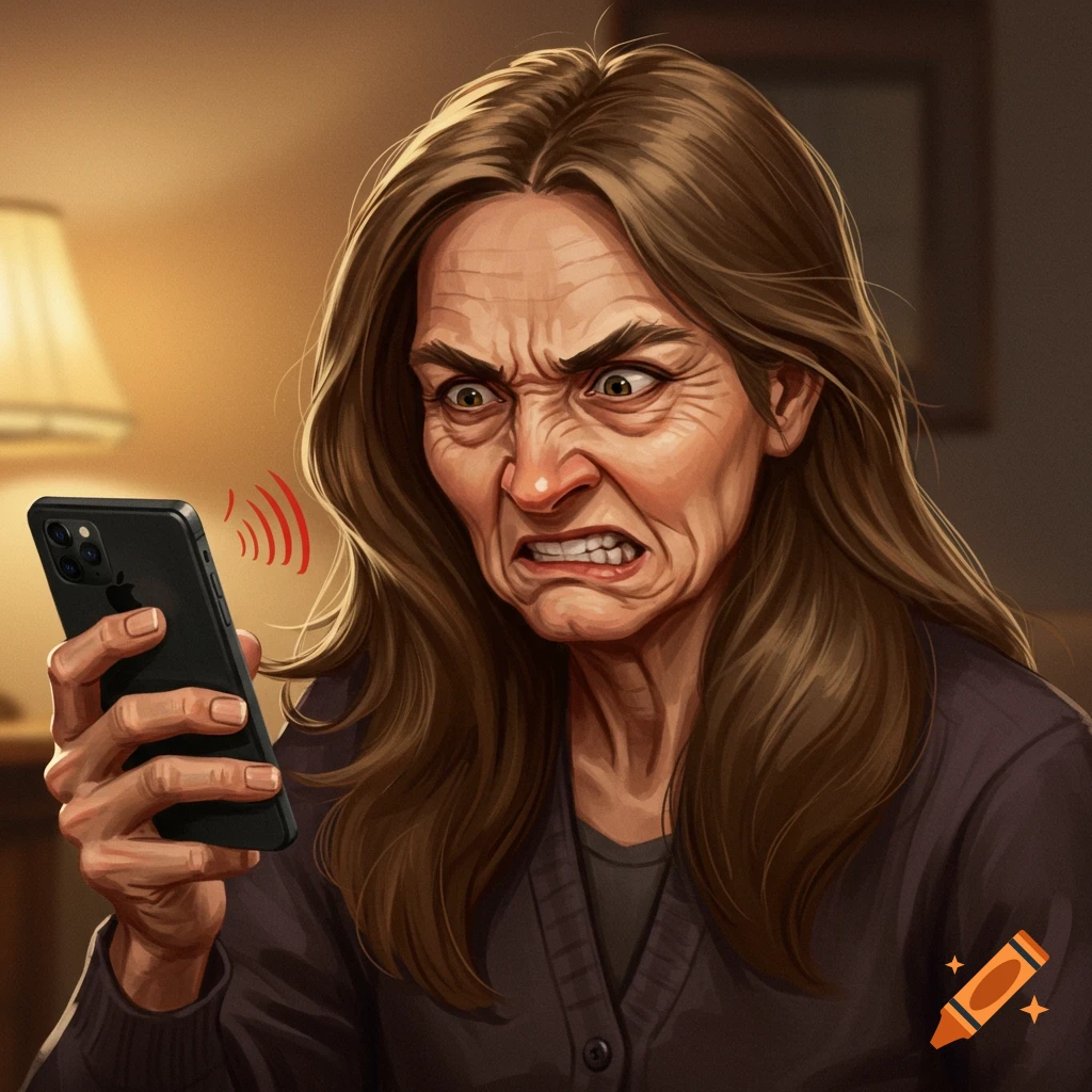 Older woman with long brown hair looking angry at a ringing phone.