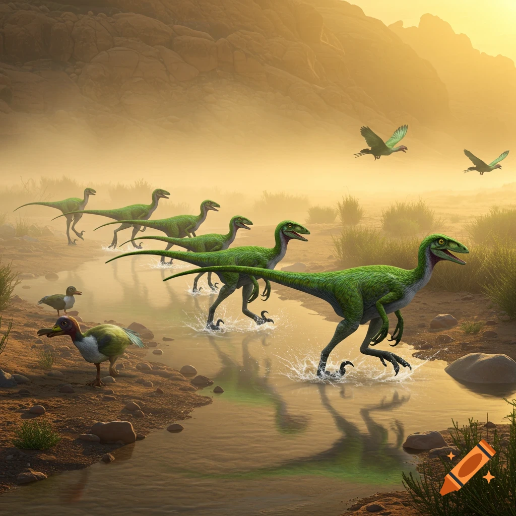 A flock of green feathered dinosaurs walk through a stream in a misty desert at dawn, with birds flying overhead.