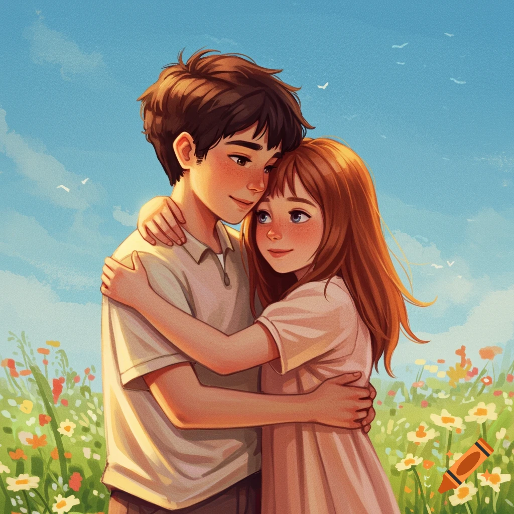 A brother and sister hugging in a sunlit meadow with wildflowers.