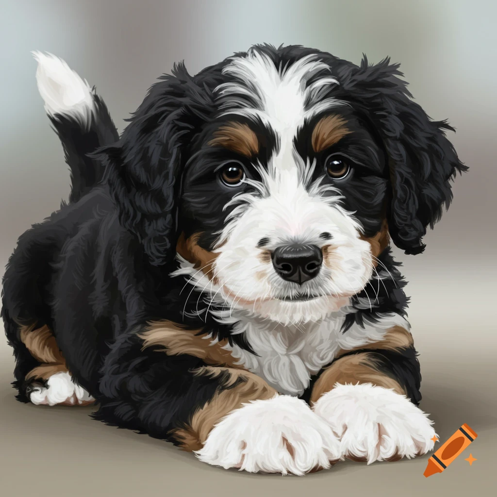 A bernedoodle puppy lying down, looking forward.