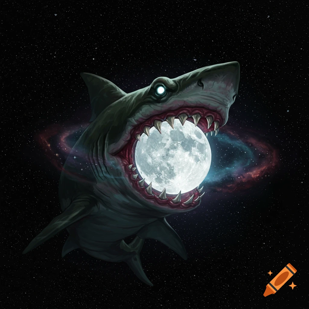 A gigantic shark biting the moon in space.