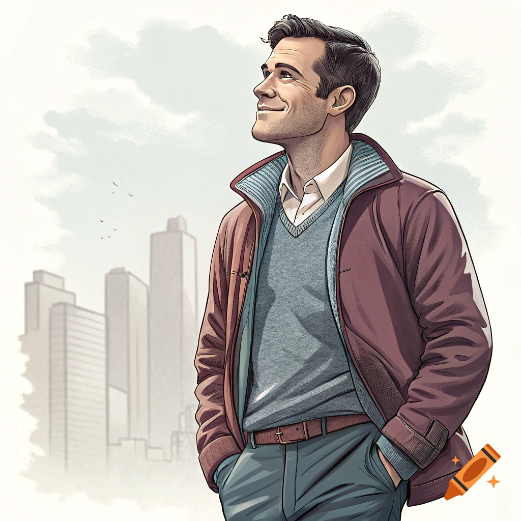 An illustrated man in a jacket and sweater looks up with a city skyline behind him.