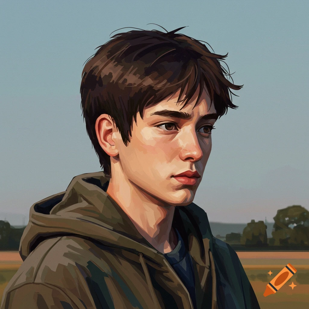 A young man in a hoodie looking away, outdoors in a field.