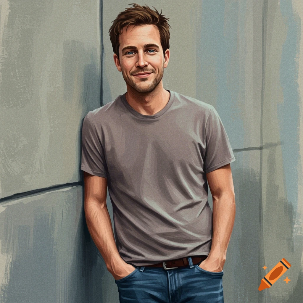 A man leans against a gray wall, smiling with his hands in his pockets.