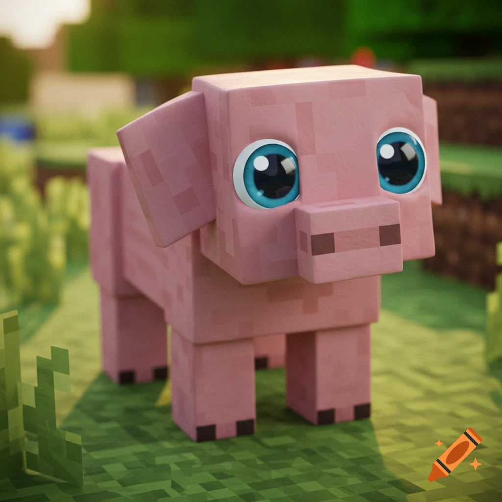 A cute blocky Minecraft-style pig with big eyes standing in grass.
