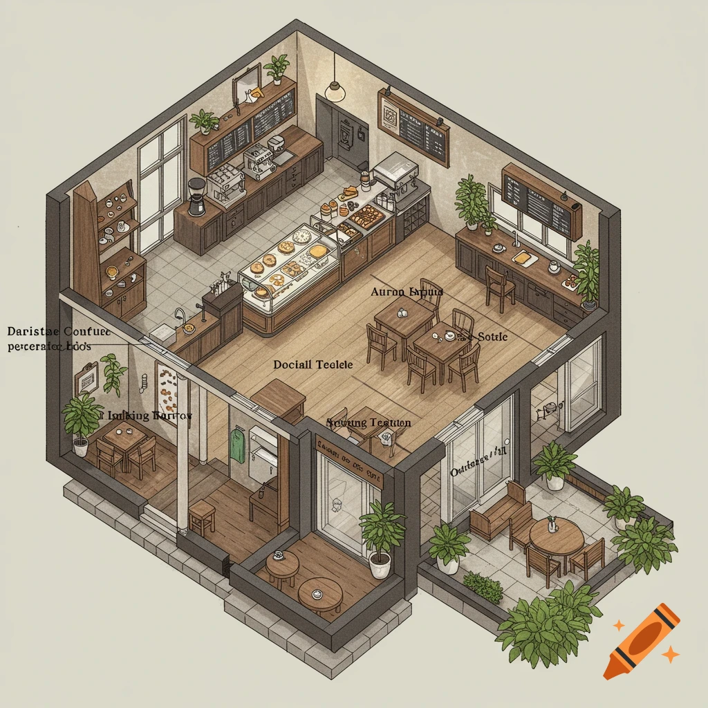 Isometric illustration of a cafe floor plan showing seating, counter, display case, and outdoor patio.