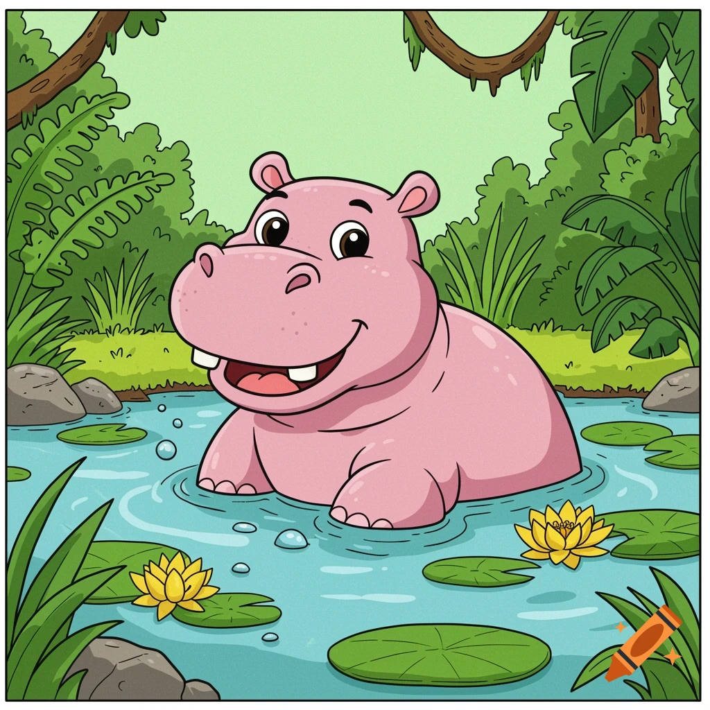 A cheerful cartoon pink hippo floats in a jungle pond with lily pads.
