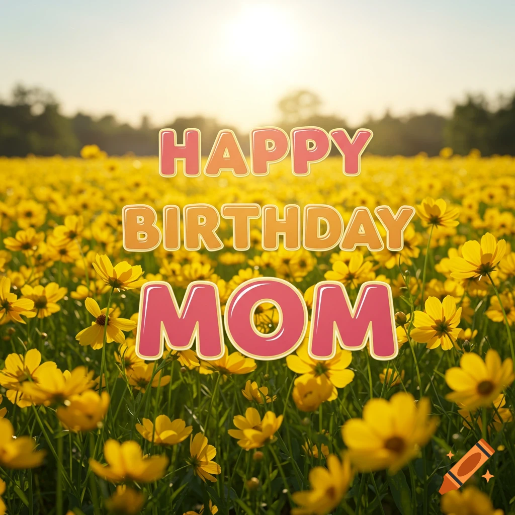 Happy Birthday Mom text over a field of yellow flowers at sunset.