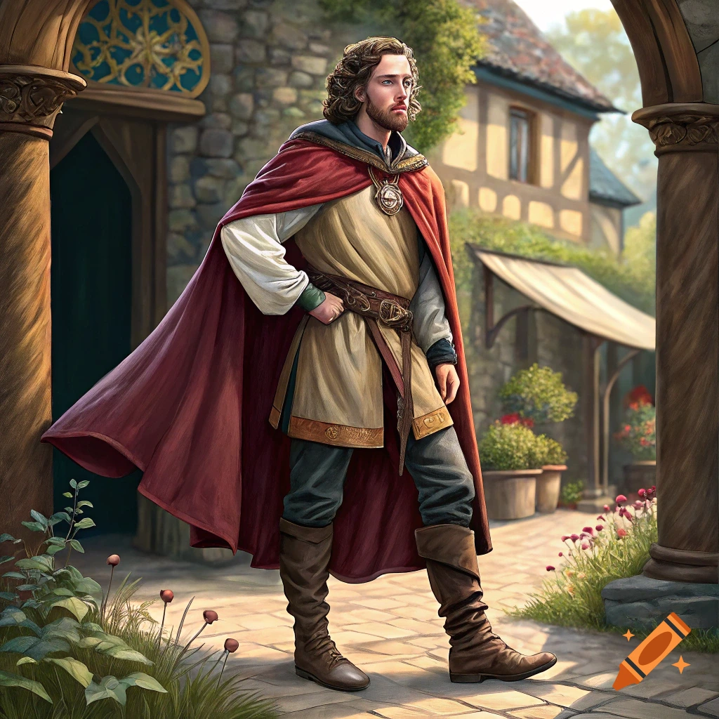 A man in medieval clothes and a red cape stands in a courtyard.