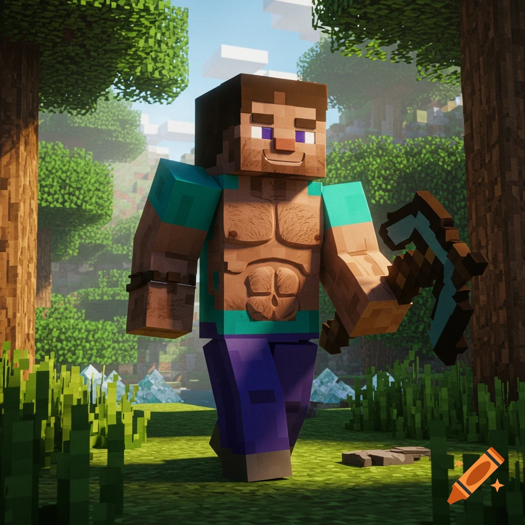 A muscular, photorealistic Steve from Minecraft holding a pickaxe in a forest clearing.