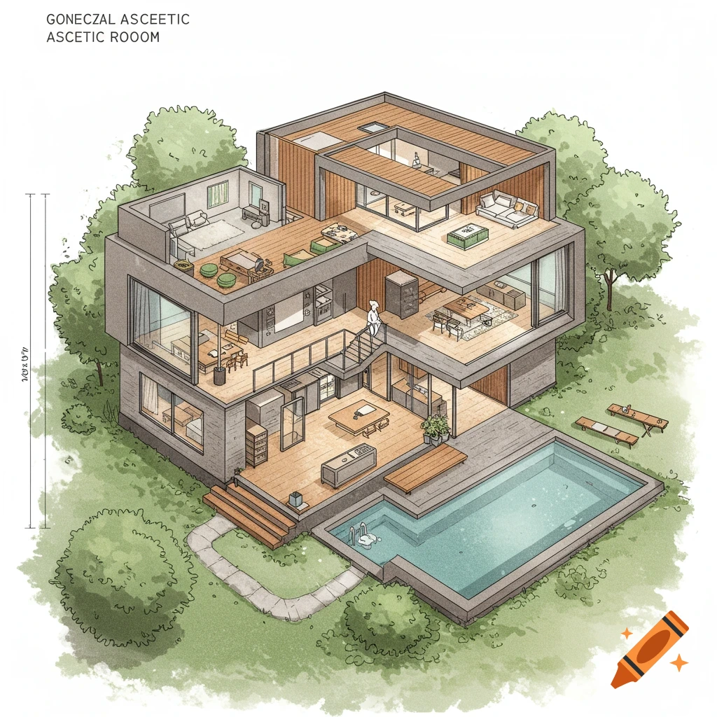 Hand-drawn illustration of a cross-section floor plan of a modern house with a pool and garden.