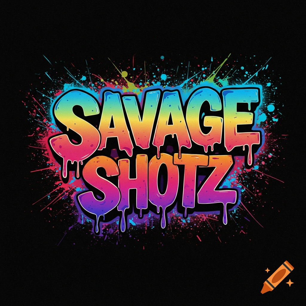 Colorful graffiti text "SAVAGE SHOTZ" with paint splatters on black background.