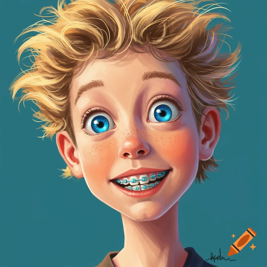 A young boy with bright blue eyes and braces is smiling. He is depicted in a cartoonish style.