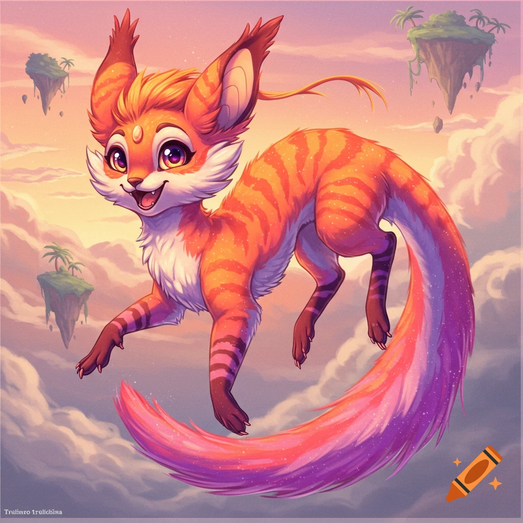 Cute fantasy creature with orange and purple striped fur flying among clouds and floating islands.