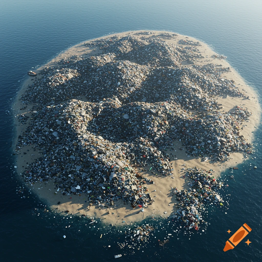 Aerial view of an island completely covered in piles of trash and debris in a murky, polluted ocean.