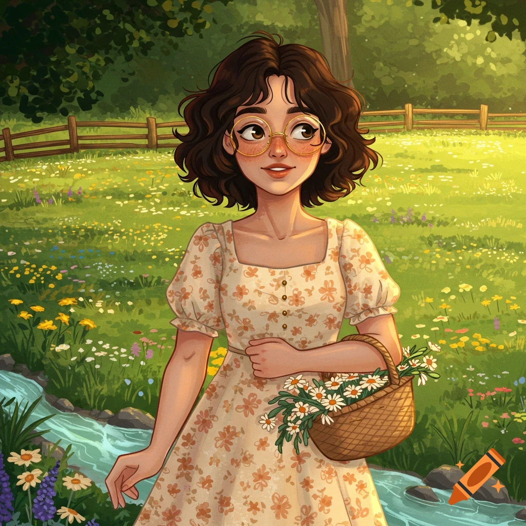 A girl in a floral dress holds a basket of daisies in a sunny field.