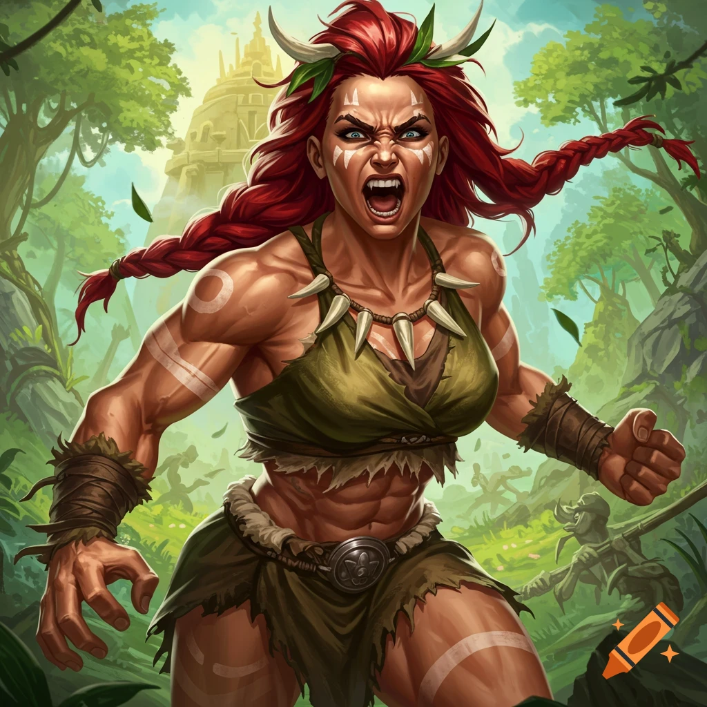 A muscular fantasy warrior woman yelling in a jungle.
