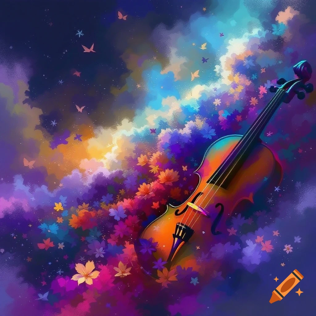 A violin is surrounded by colorful abstract clouds, flowers, and butterflies against a starry sky.