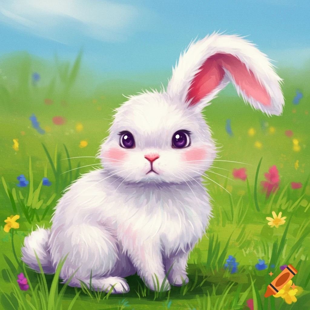A fuzzy white bunny in a field of flowers.
