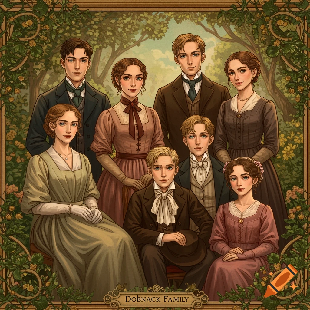 A large family portrait in a classical style, set in a lush garden.
