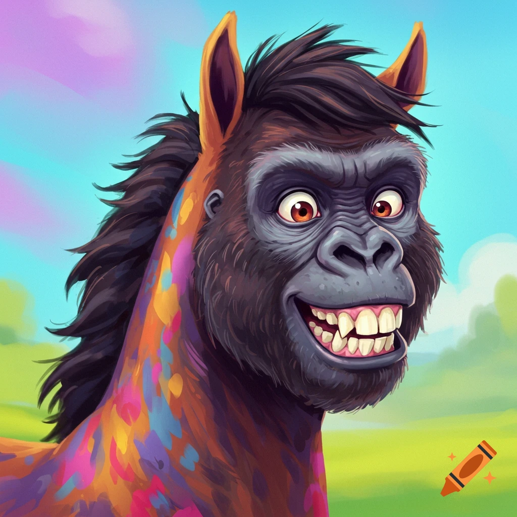 A colorful horse with a gorilla face.