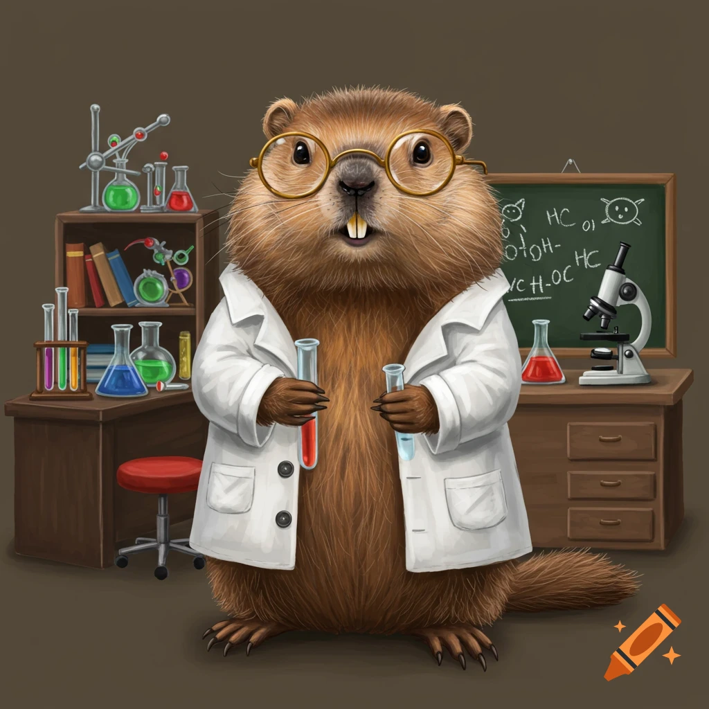 A groundhog scientist is shown in a lab coat, holding test tubes.