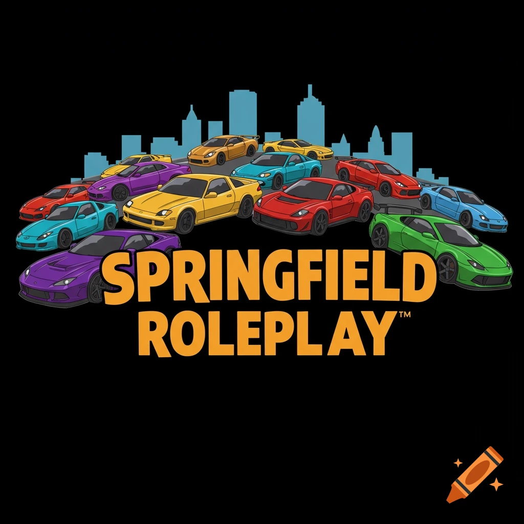 Illustration of colorful cars in front of a city skyline with orange text "Springfield Roleplay".