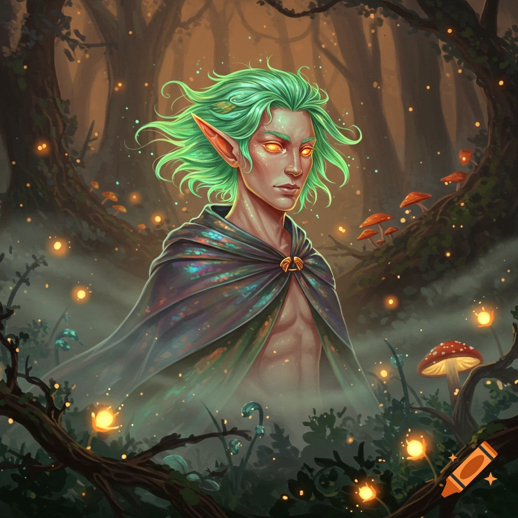 An ethereal male elf with green hair, orange glowing eyes, and a shimmering cloak stands in a misty forest with glowing mushrooms and lights.