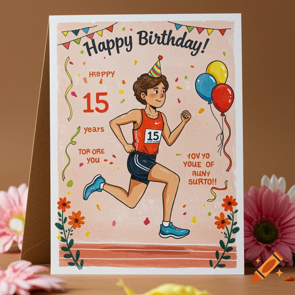 Cartoon illustration birthday card with a runner, balloons, streamers, text, and flowers.